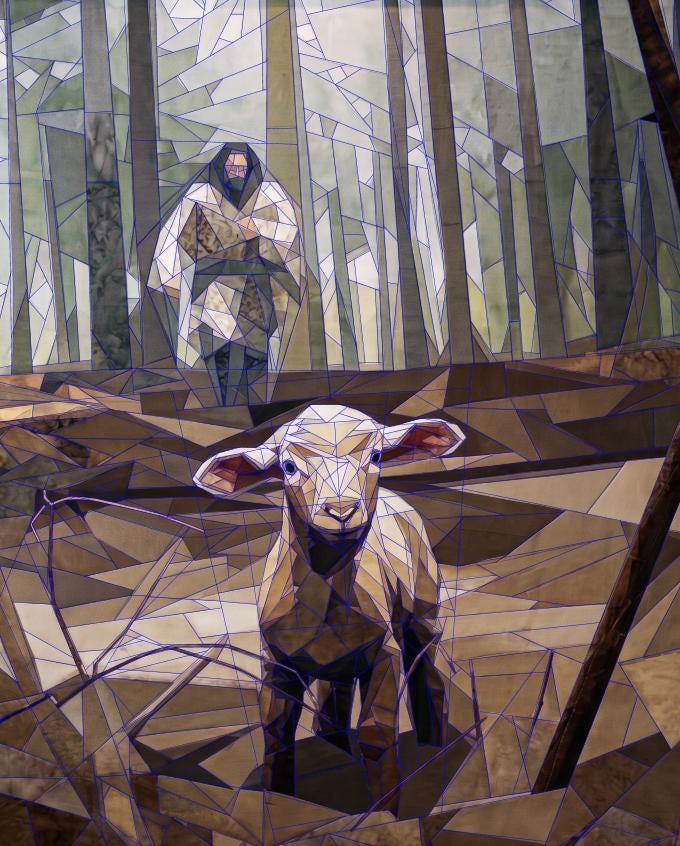 Left the 99, 72" x 90" FPP Quilt Pattern, Inspired by the art of Kevin Carden's "The Good Shepherd Is On The Way"